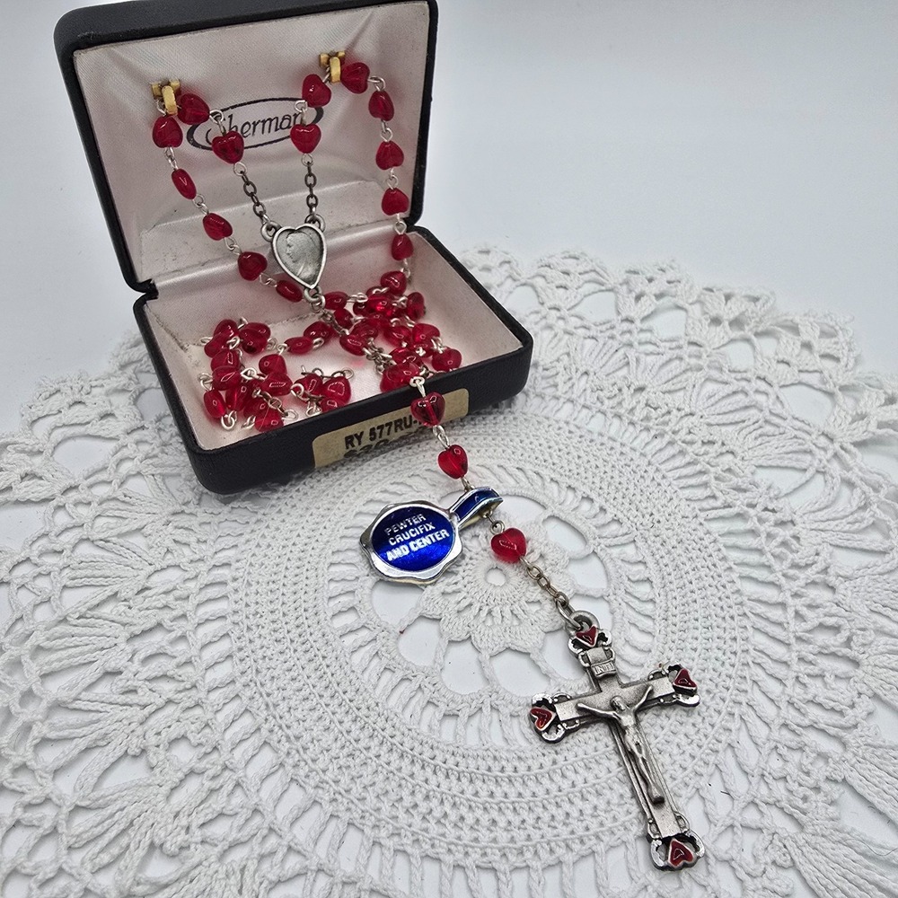Vintage Sherman Glass Heart Beaded Rosary Red Pewter Hand Crafted Catholic
